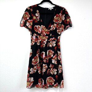 Madewell Women's Floral Fit & Flare Short Dress Lined Zip Back Size 00 Black Red